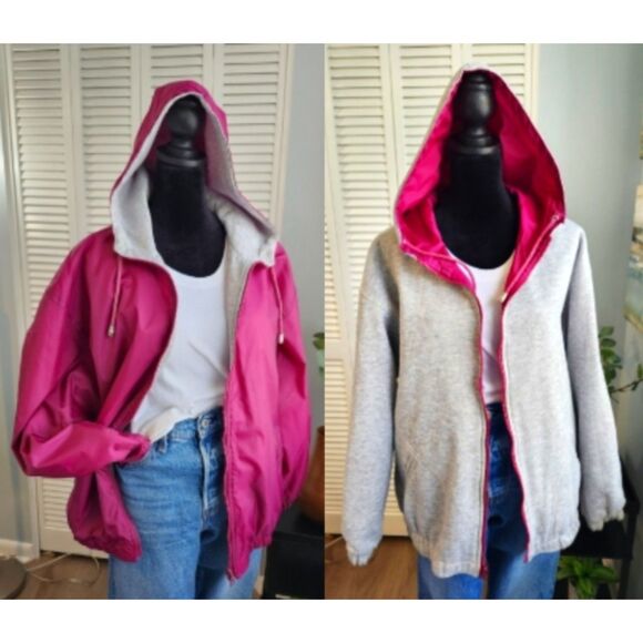 Classic Style Jackets & Blazers - Vintage CS Classic Reversible Windbreaker Hoodie Pink Gray Nylon Size Medium Y2K
